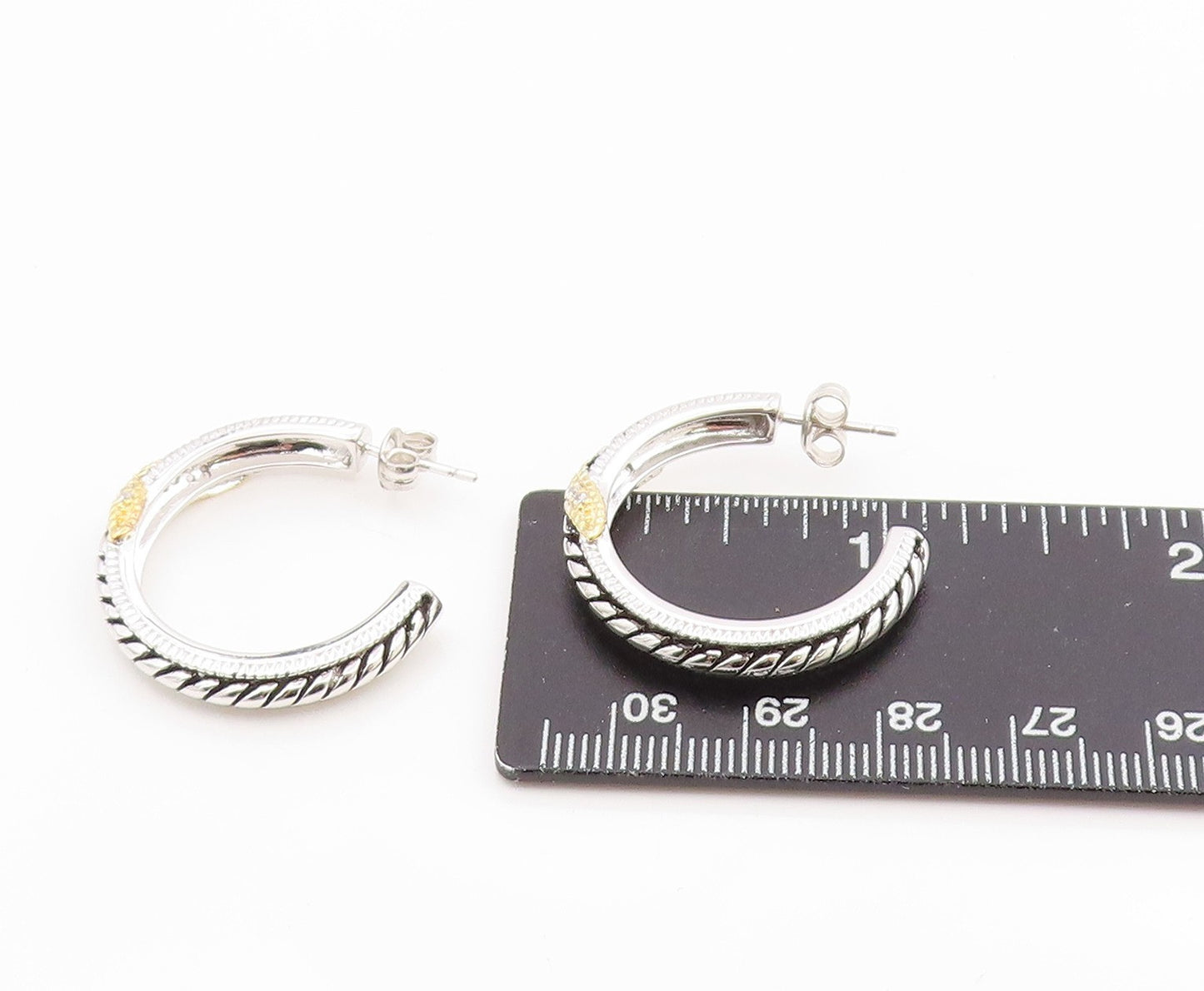 925 Sterling Silver Vintage Earrings Two Tone CZ Twisted Cable Hoops  EG14347