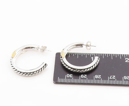 925 Sterling Silver Vintage Earrings Two Tone CZ Twisted Cable Hoops  EG14347