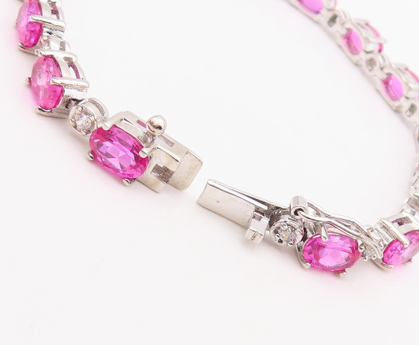 925 Sterling Silver Vintage Bracelet Minimalist Oval Pink White CZ Band  BT10867