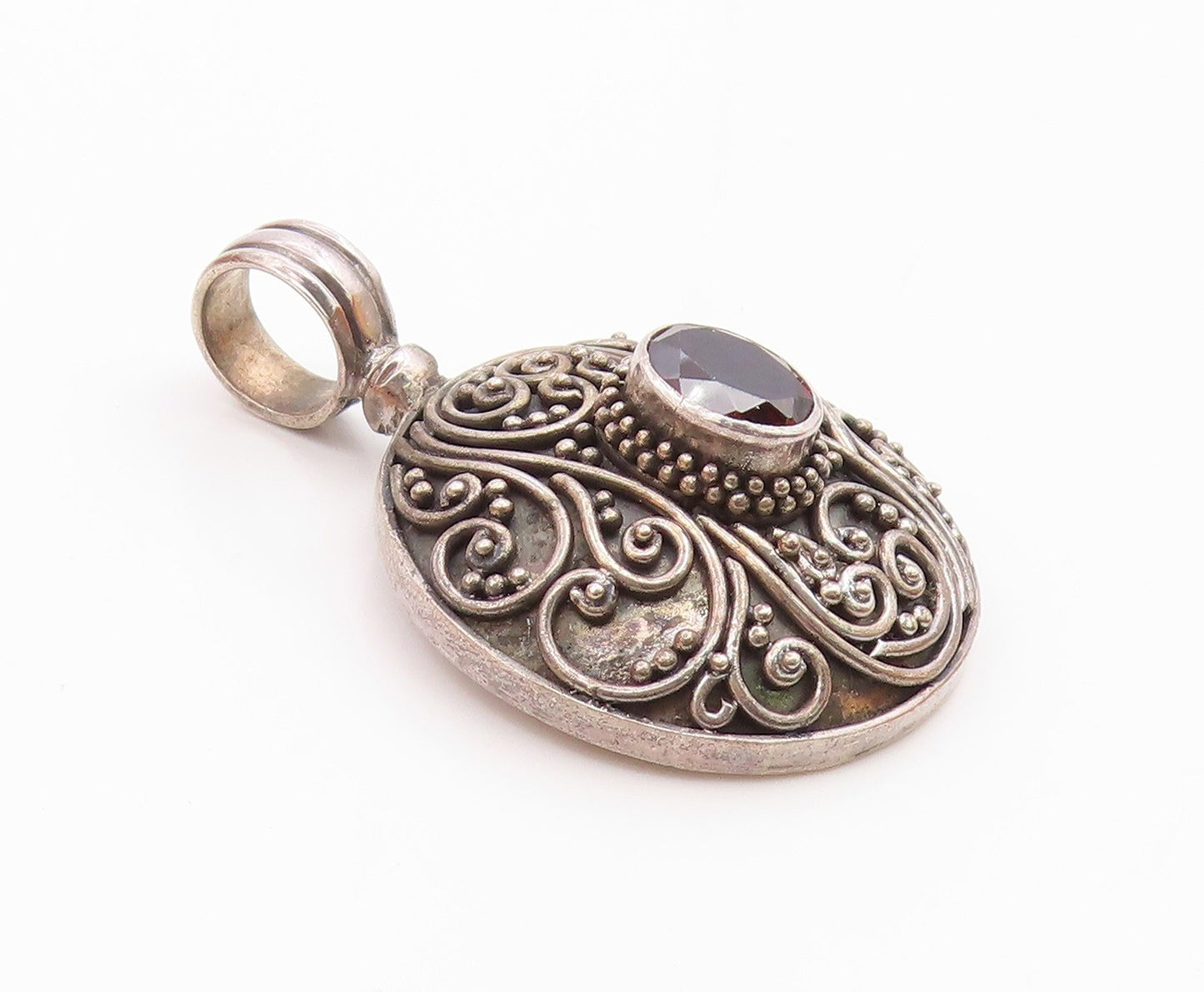 BALI 925 Sterling Silver Vintage Garnet Swirl Vine Pattern Pendant  PT15791