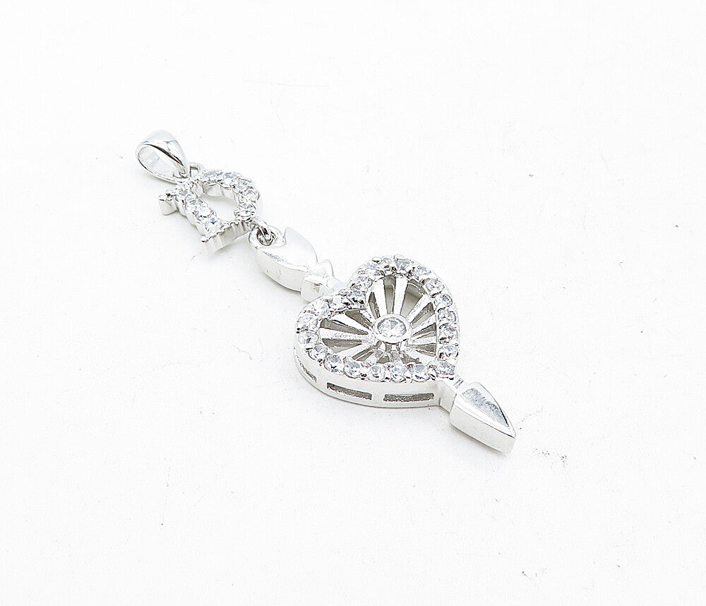 925 Sterling Silver Shiny Topaz Love Heart Bow & Arrow Drop Pendant PT3207
