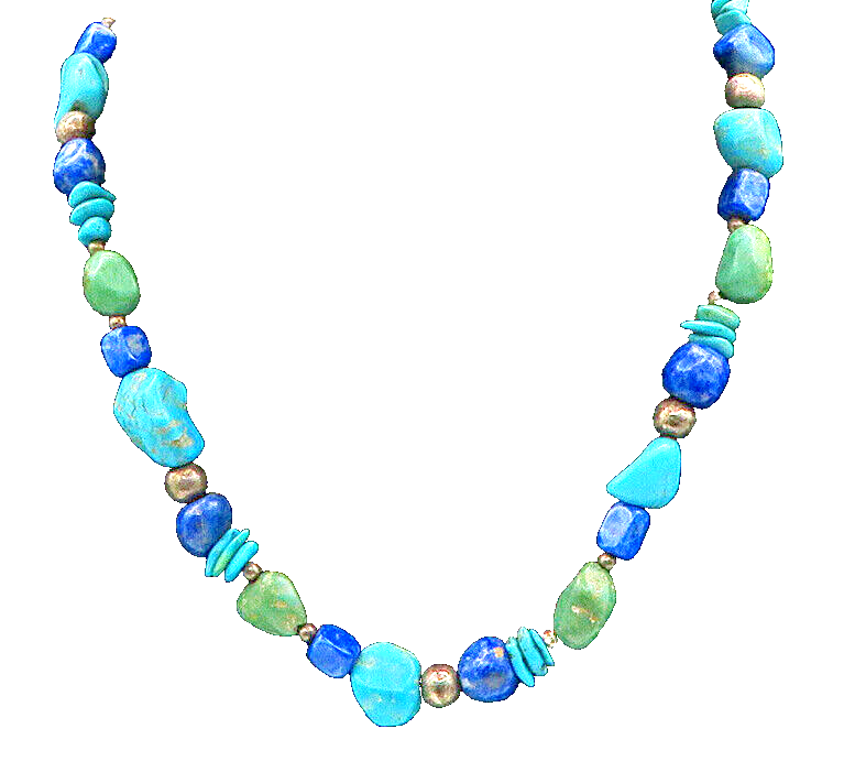SOUTHWESTERN 925 Silver Vintage Turquoise & Lapis Lazuli Necklace NE3546