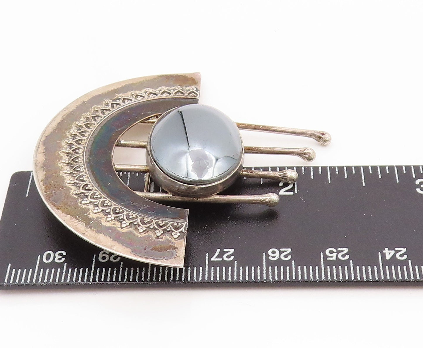 925 Sterling Silver Vintage Brooch Pin Oval Hematite Celestial Design  BP12531