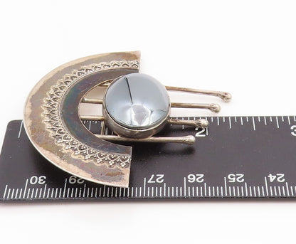 925 Sterling Silver Vintage Brooch Pin Oval Hematite Celestial Design  BP12531