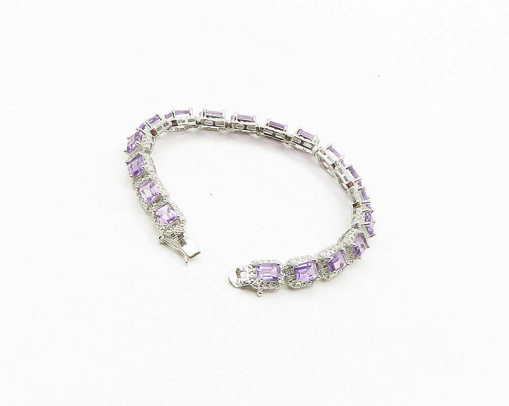925 Sterling Silver  Prong Set Shiny Amethyst Hinge Chain Bracelet  BT7353