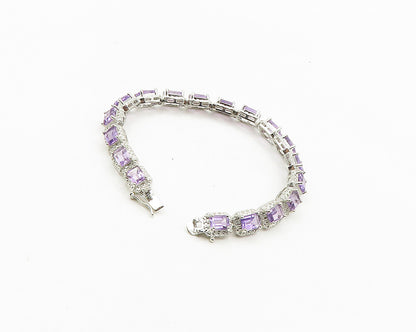 925 Sterling Silver  Prong Set Shiny Amethyst Hinge Chain Bracelet  BT7353