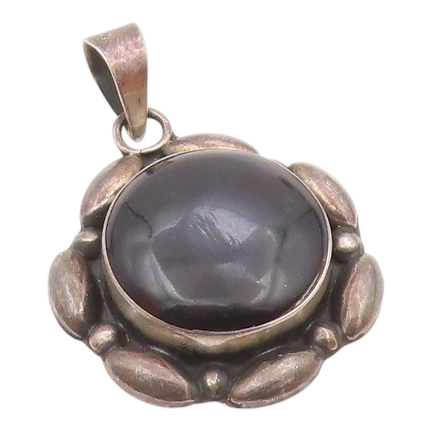 MEXICO 925 Sterling Silver  Vintage Cabochon Cut Black Onyx Pendant  PT13424