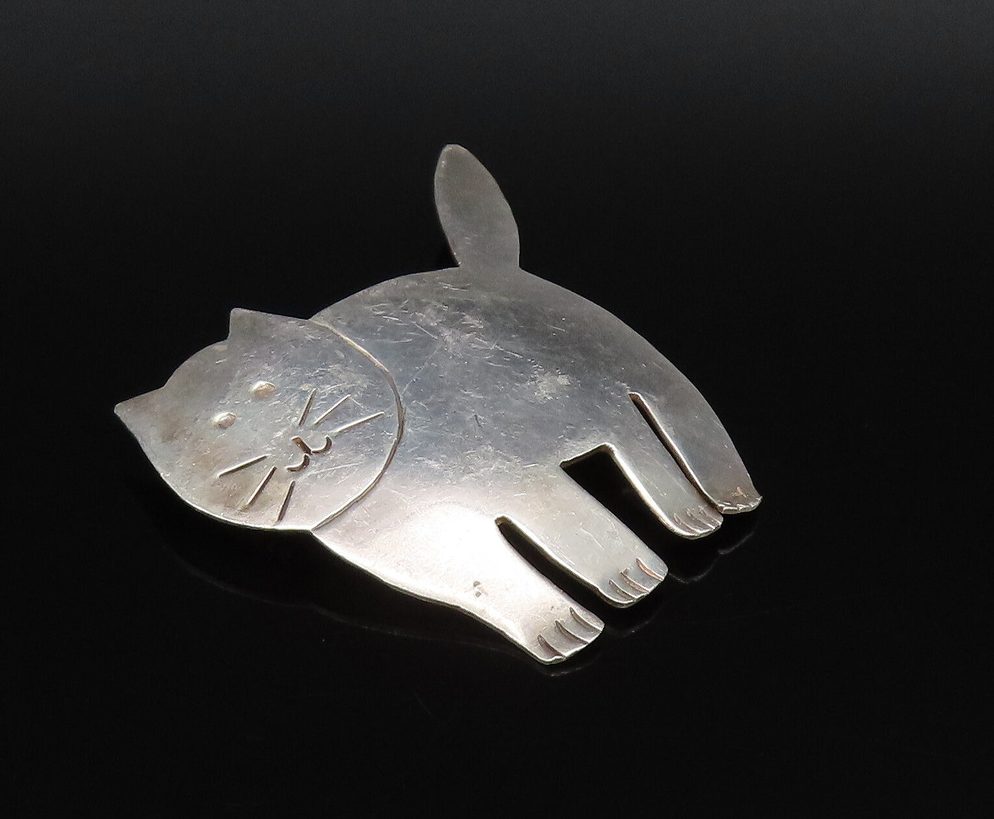MEXICO 925 Sterling Silver Vintage Minimalist Etched Cat Brooch Pin BP10038