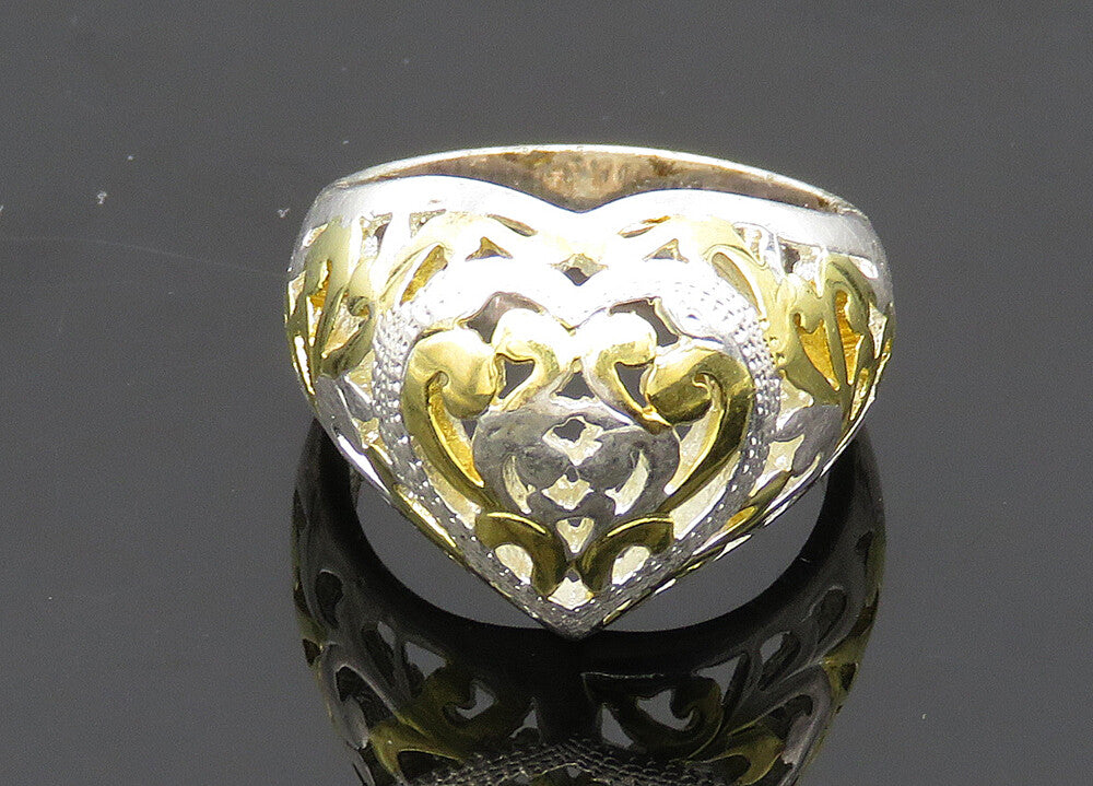 925 Silver   Vintage Shiny 2 Tone Love Heart Dome Band Ring Sz 5  RG20182