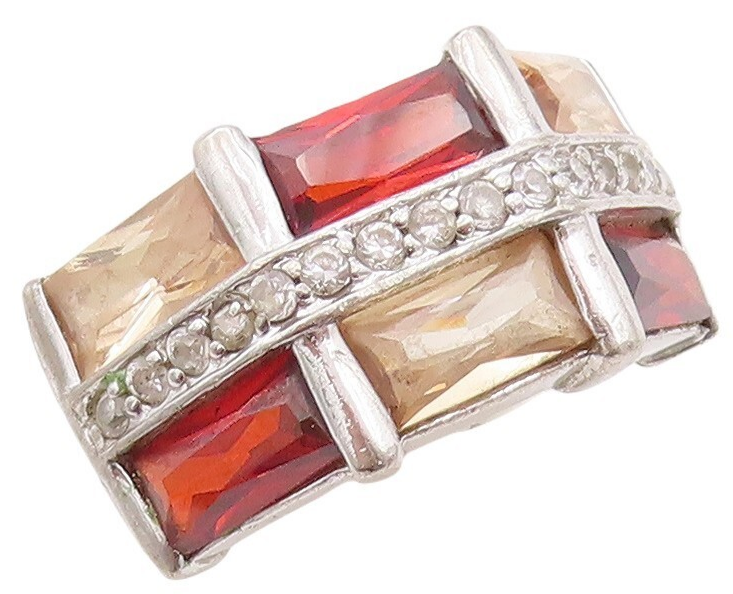 925 Sterling Silver Vintage Ring Rectangle Three Tone Topaz Inlay  Sz 7  RG31416