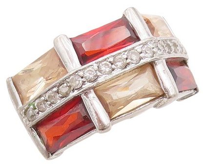 925 Sterling Silver Vintage Ring Rectangle Three Tone Topaz Inlay  Sz 7  RG31416