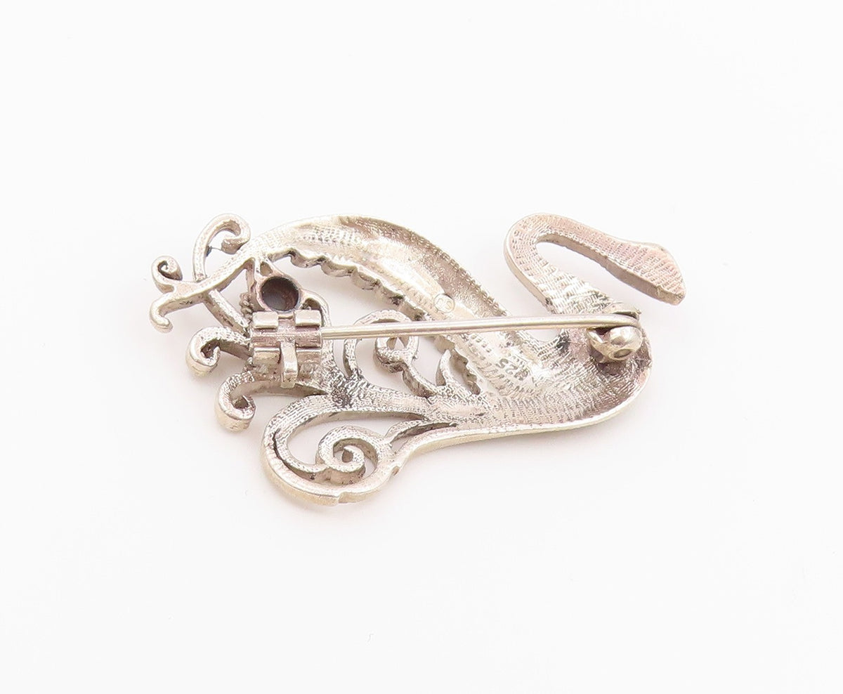 925 Sterling Silver Vintage Brooch Pin Multi Gemstone Scrollwork Swan  BP12635