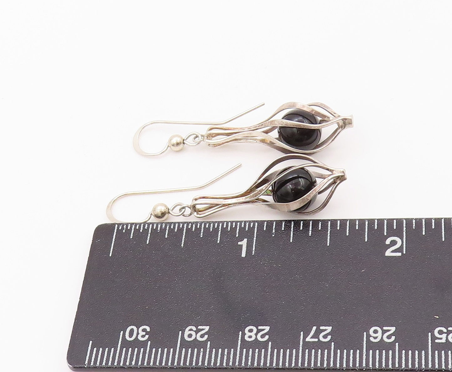 925 Sterling Silver Vintage Earrings Modernist Cutout Cage Cabochon Onyx EG13496
