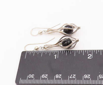925 Sterling Silver Vintage Earrings Modernist Cutout Cage Cabochon Onyx EG13496