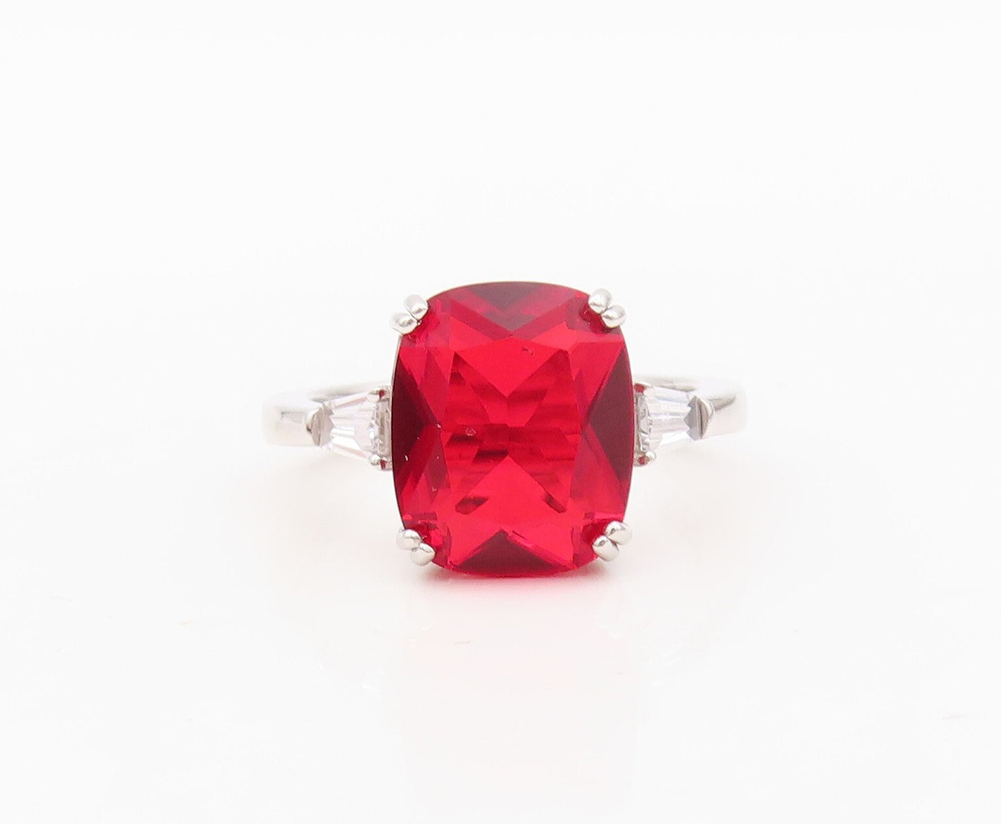 925 Sterling Silver Vintage Ring Rectangle Cut Red & White CZ  Sz 7  RG30465