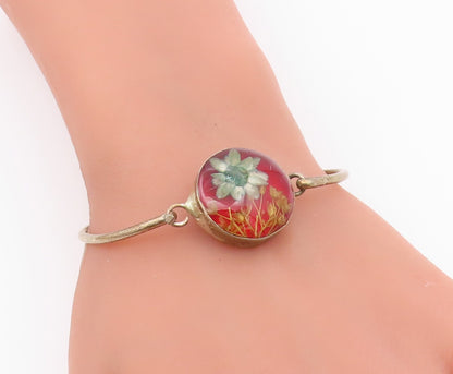 925 Sterling Silver  Vintage Flower Glass Art Bangle Bracelet  BT9652