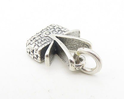 925 Sterling Silver  Vintage Petite Shiny Picnic Basket Motif Pendant  PT9341