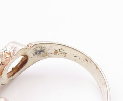 925 Sterling Silver Vintage Ring Modernist Playing Cat Motif Band  Sz 9  RG36099