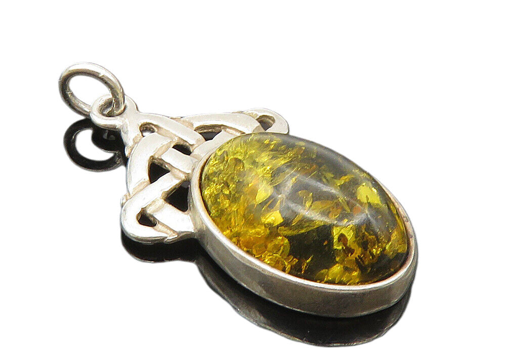 925 Sterling Silver  Vintage Cabochon Cut Amber Knotted Drop Pendant  PT7593