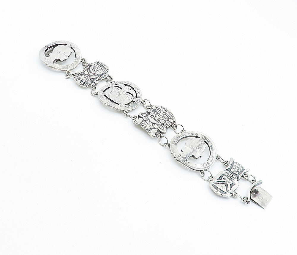925 Sterling Silver  Vintage Antique Colombian Coin Link Chain Bracelet BT2964