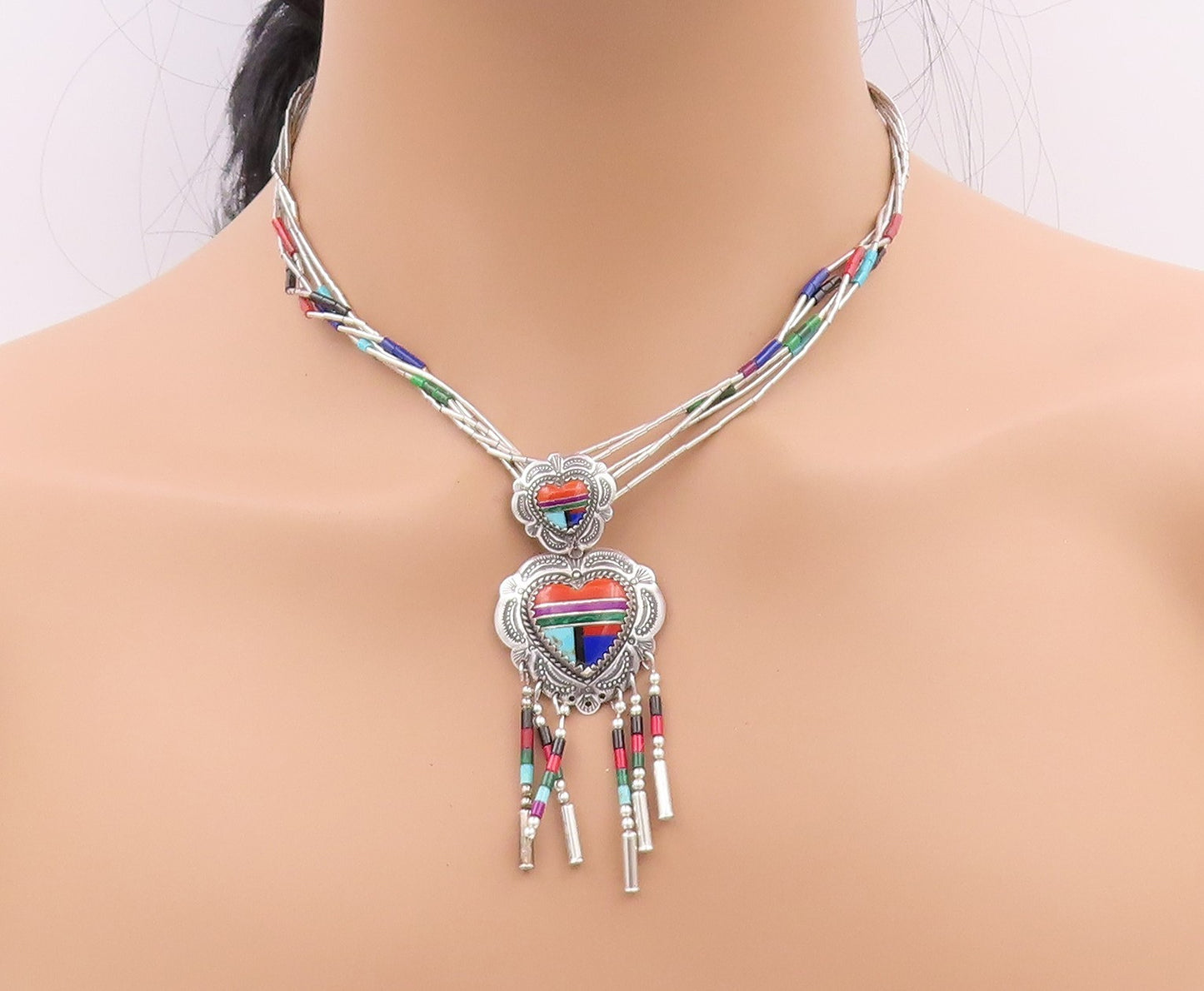 925 Sterling Silver Vintage Necklace NAVAJO Gemstone Tassel Heart  NE4552