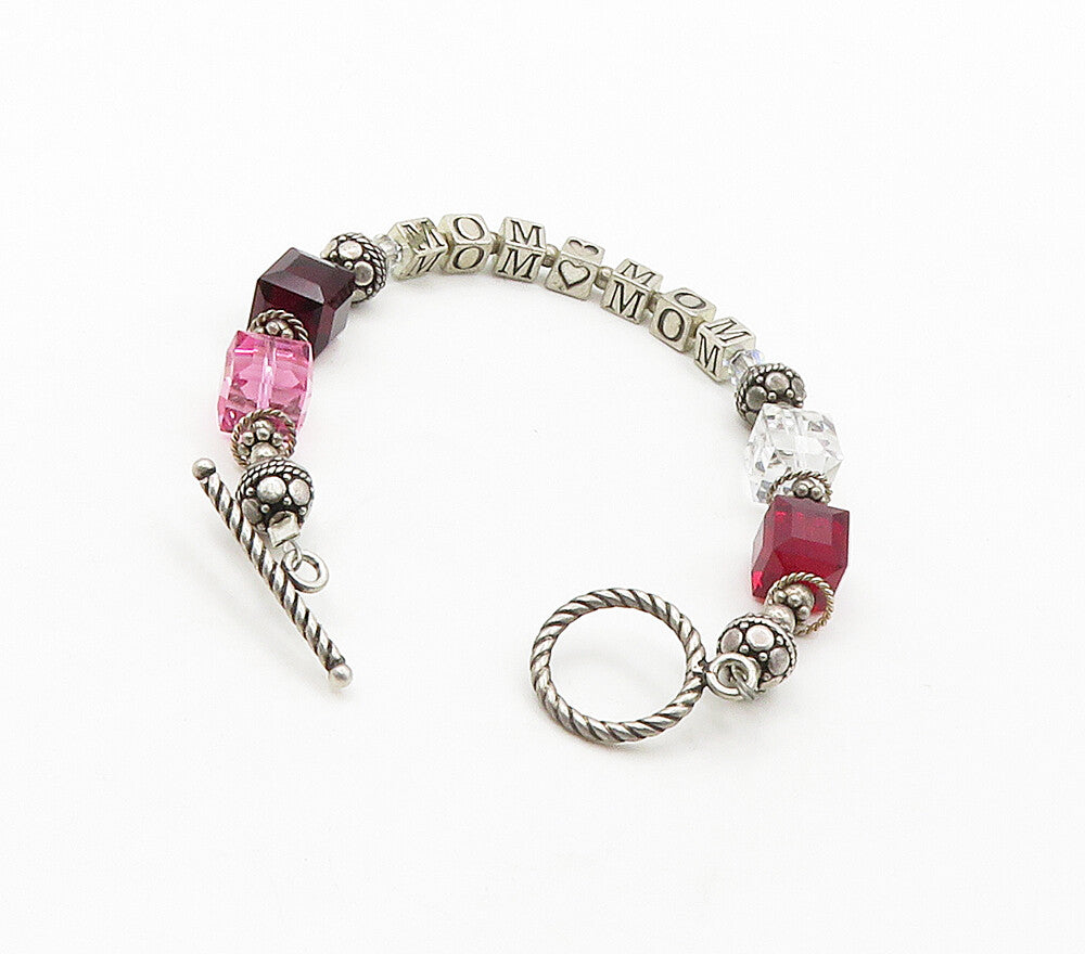 925 Sterling Silver  Vintage Garnet & Topaz Beaded Mom Chain Bracelet  BT6270