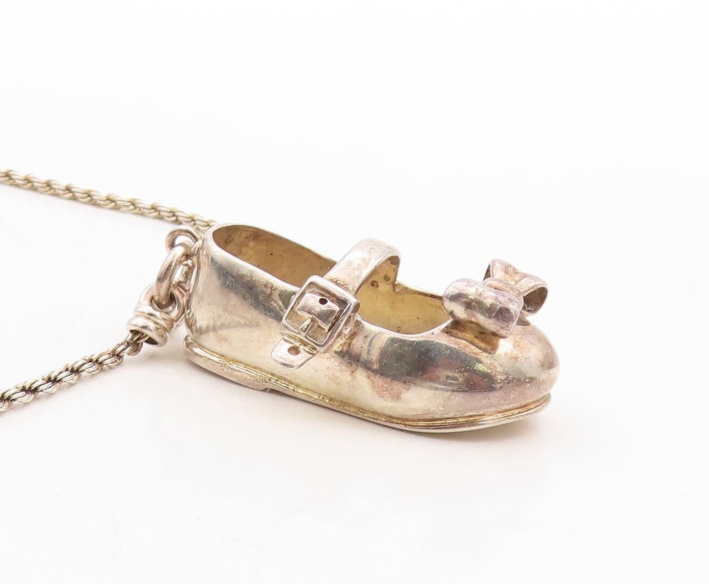 925 Sterling Silver Vintage Necklace Solid 3D Cutout Shoe With Bow  NE4387