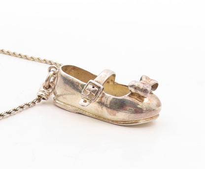 925 Sterling Silver Vintage Necklace Solid 3D Cutout Shoe With Bow  NE4387