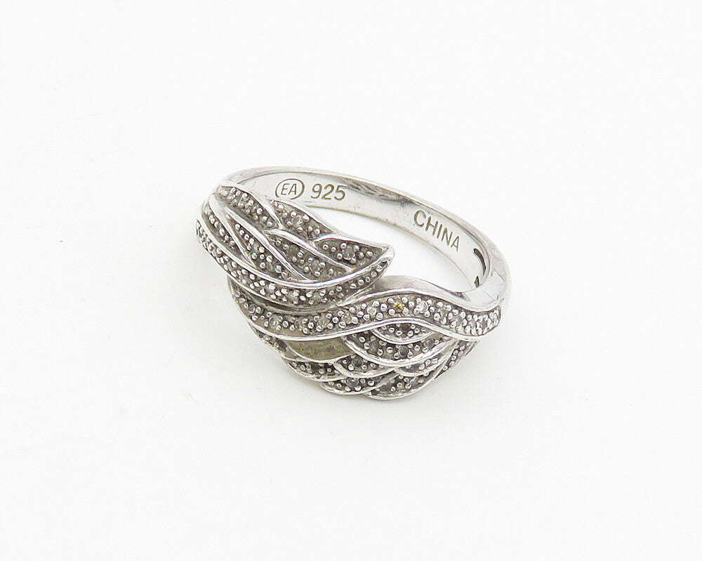 925 Silver  Vintage Genuine Diamonds Angel Wings Motif Band Ring Sz 8  RG18673