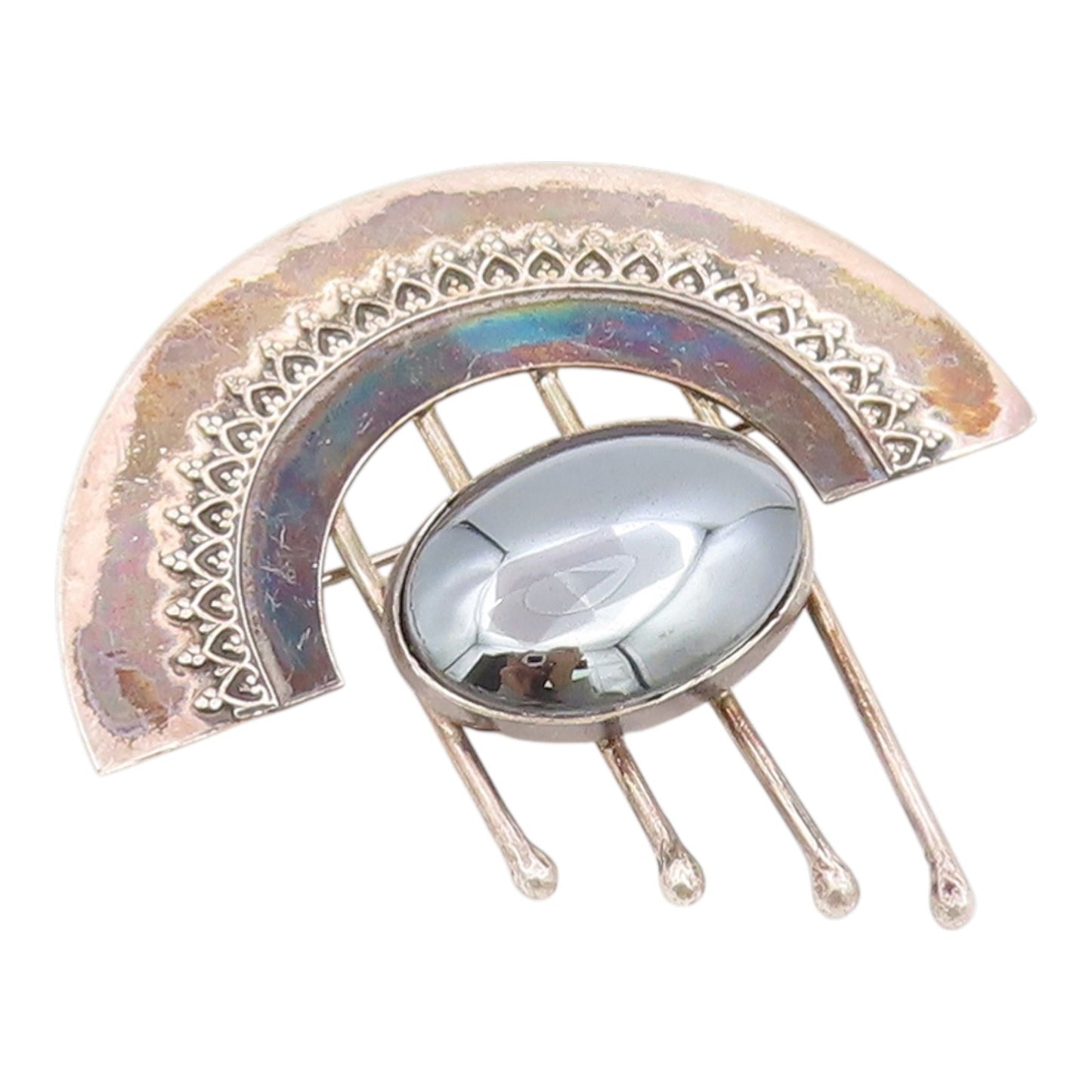 925 Sterling Silver Vintage Brooch Pin Oval Hematite Celestial Design  BP12531