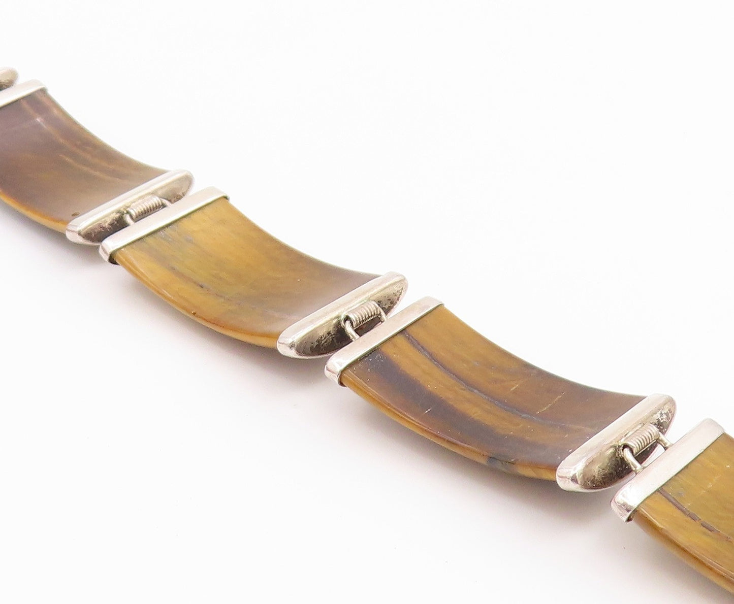 925 Sterling Silver Vintage Bracelet Tiger's Eye Curved Panel Link  BT12182
