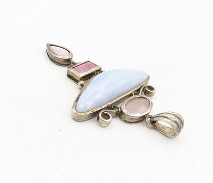 925 Sterling Silver  Vintage Agate Mother Of Pearl & Quartz Pendant  PT6453