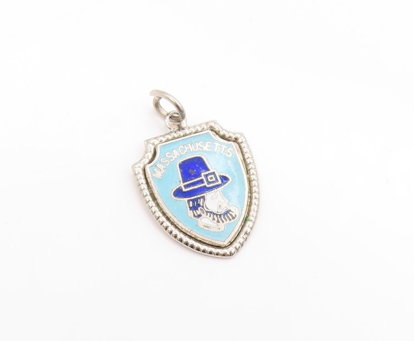 925 Sterling Silver Vintage Pendant Enameled Massachusetts Pilgrim Hat PT25021