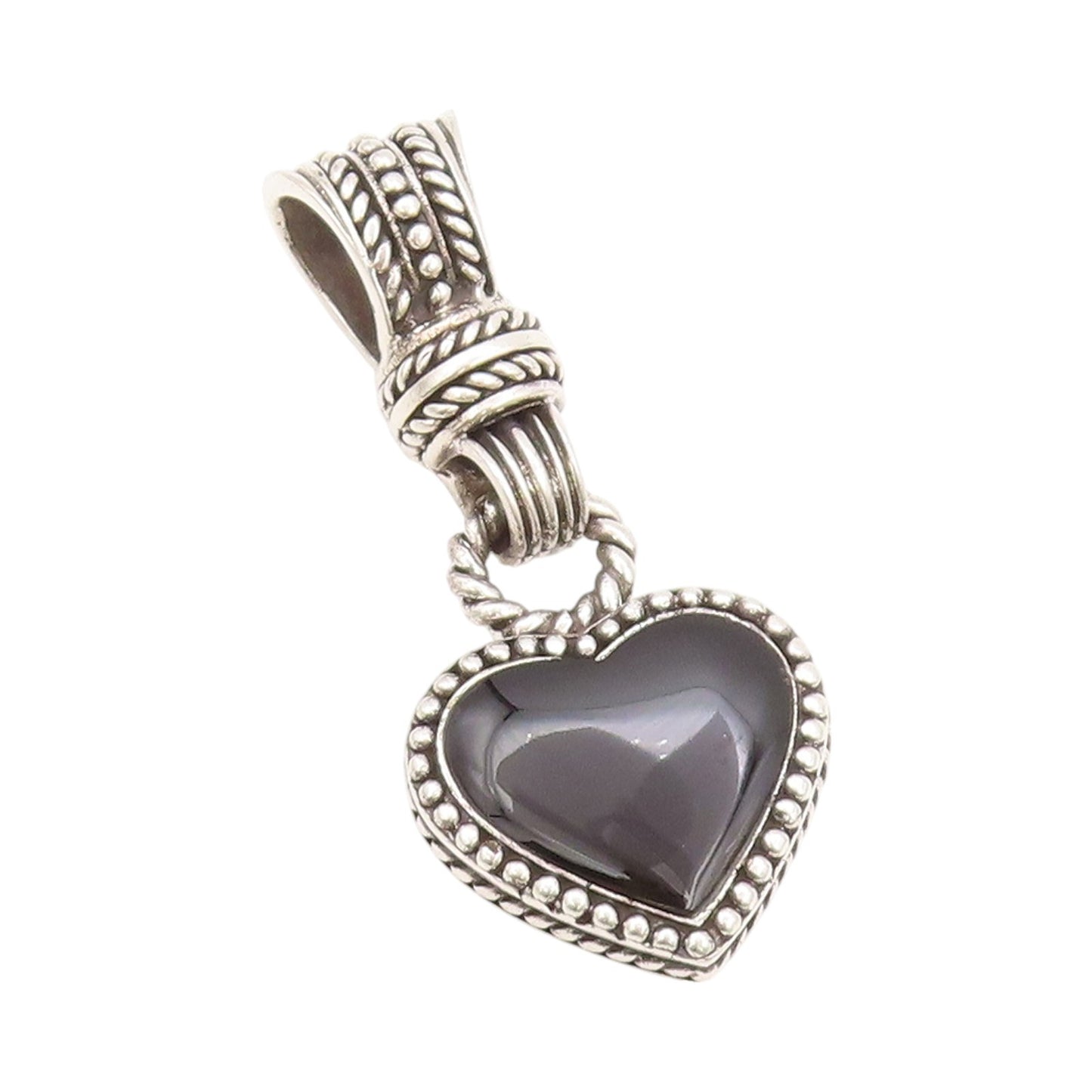 925 Sterling Silver Vintage Pendant Modernist Dangling Onyx Heart  PT24064