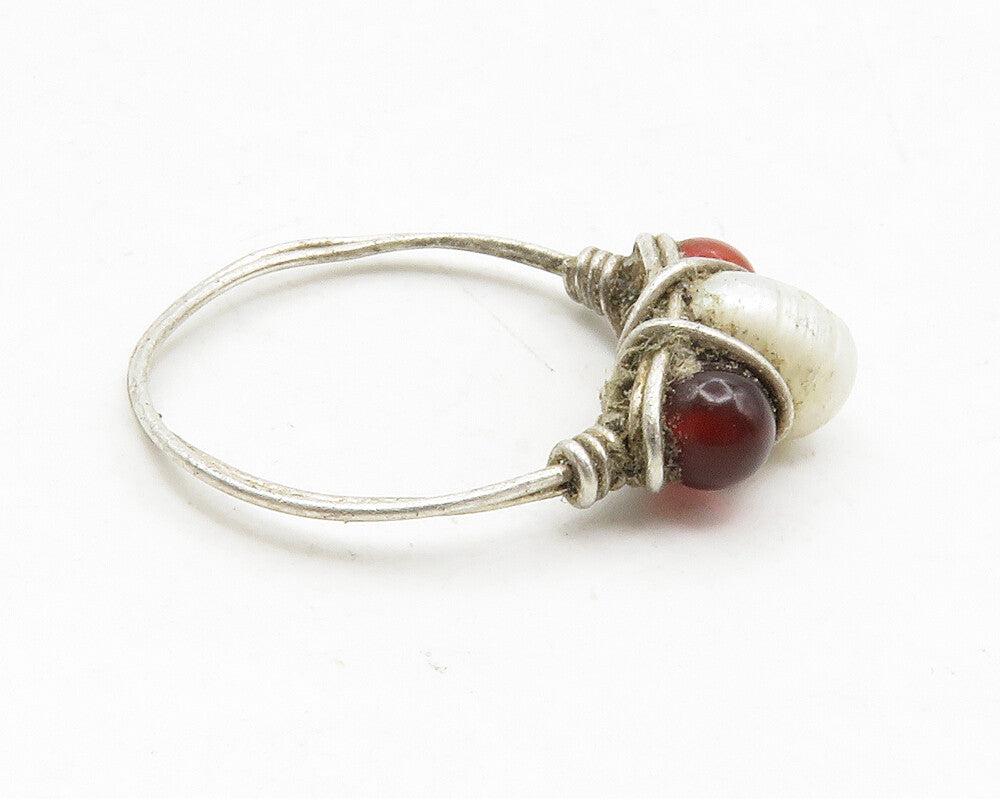 925 Silver  Vintage Pearl & Red Topaz Modernist Band Ring Sz 6.5  RG13667