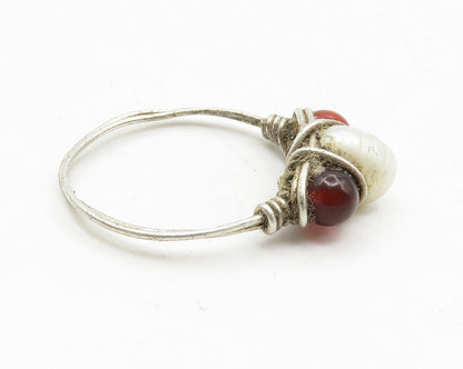 925 Silver  Vintage Pearl & Red Topaz Modernist Band Ring Sz 6.5  RG13667