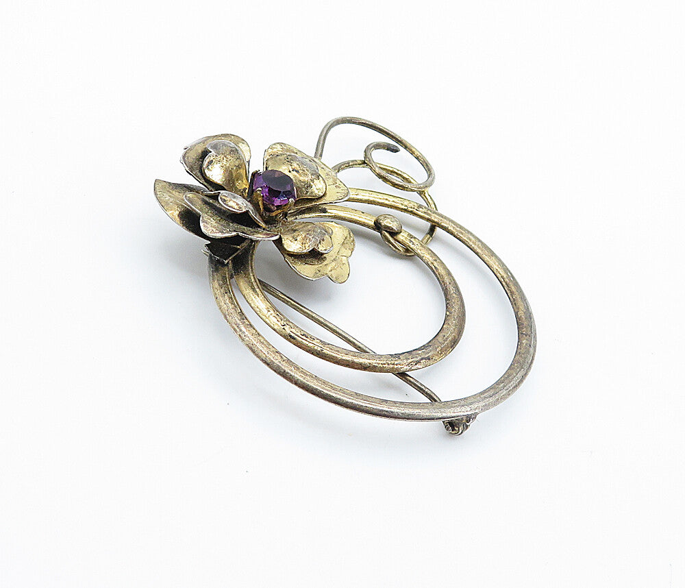 925 Sterling Silver  Vintage Amethyst Dark Tone Flower Brooch Pin  BP2791