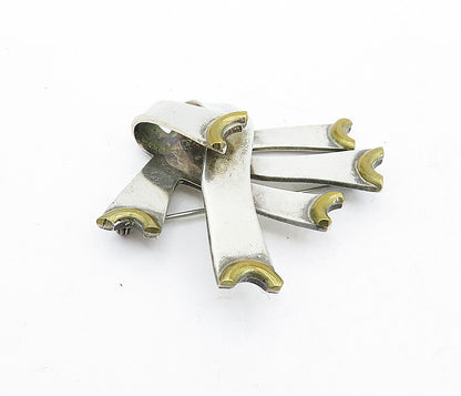 MEXICO 925 Sterling Silver  Vintage Two Tone Ribbons Motif Brooch Pin  BP2026