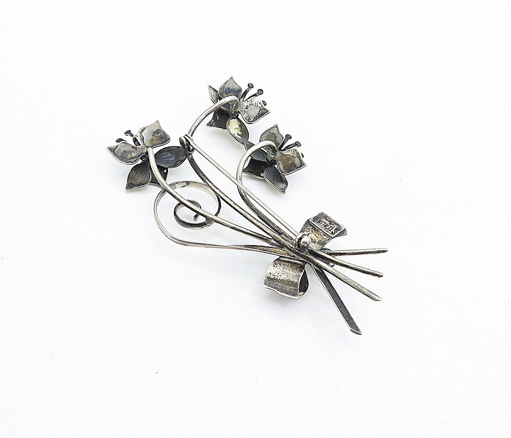 LANG 925 Sterling Silver  Vintage Spiral Bow Flower Bunch Brooch Pin  BP1850