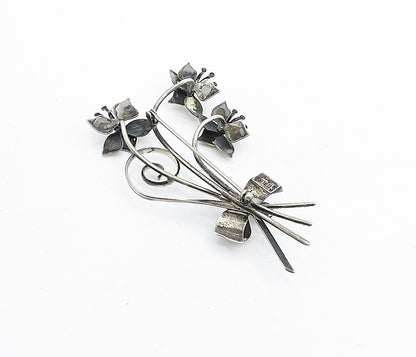 LANG 925 Sterling Silver  Vintage Spiral Bow Flower Bunch Brooch Pin  BP1850