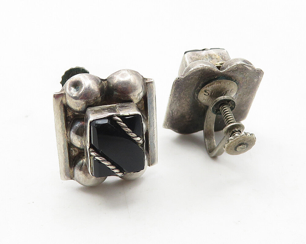 925 Sterling Silver  Vintage Black Onyx Rope Twist Drop Earrings  EG5927