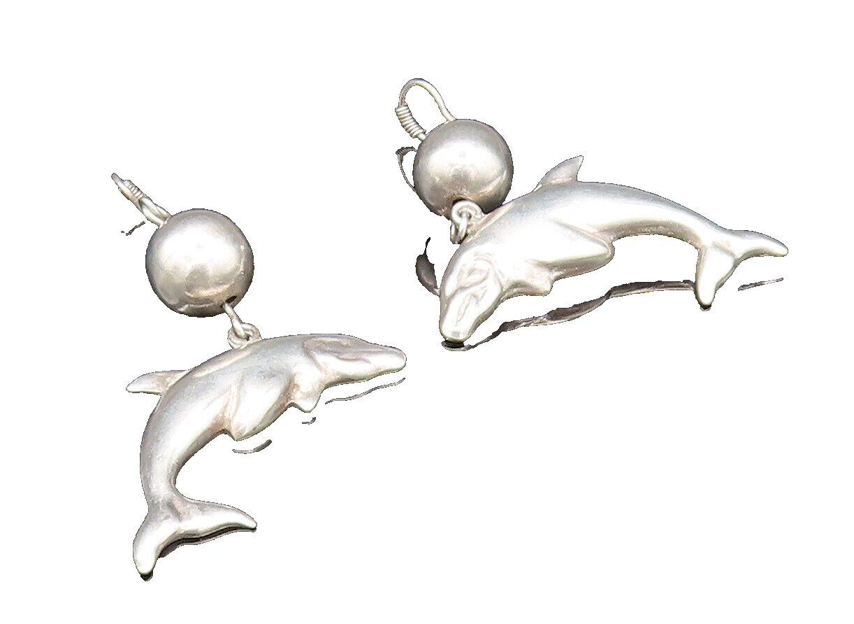 MEXICO 925 Silver  Vintage Bead Ball & Sculpted Dolphins Earrings  EG11830