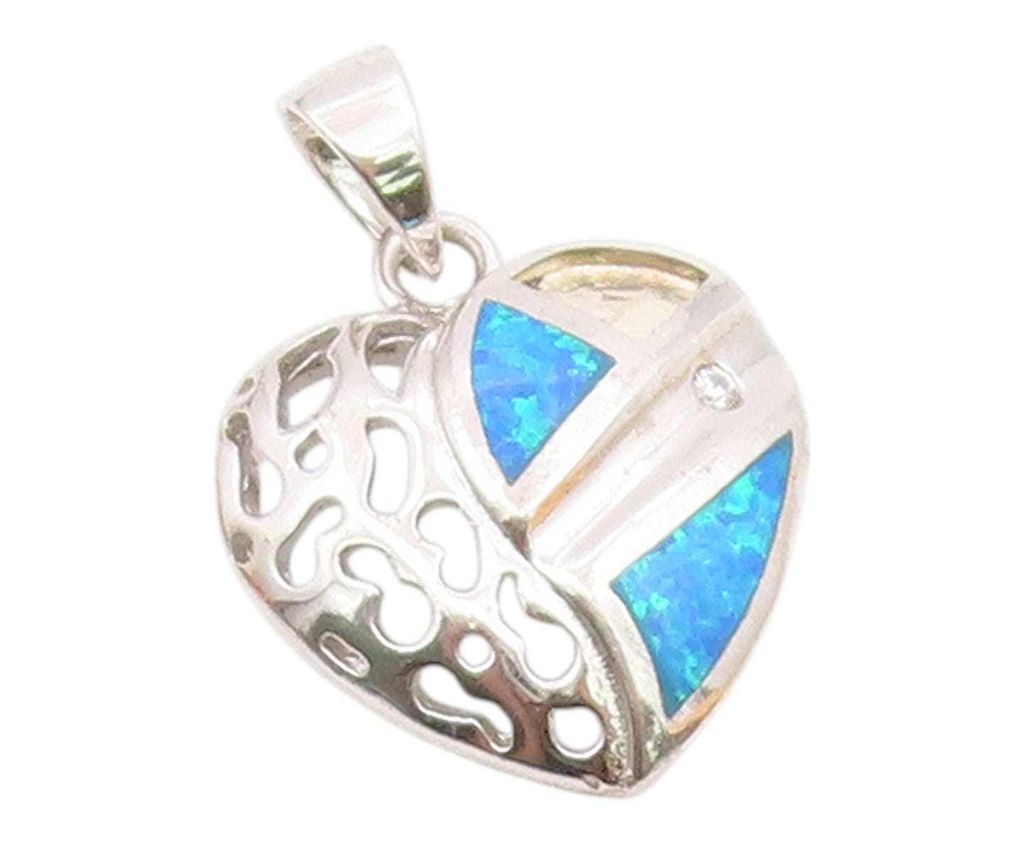 925 Sterling Silver  Vintage Inlaid Blue Fire Opal Love Heart Pendant  PT16276