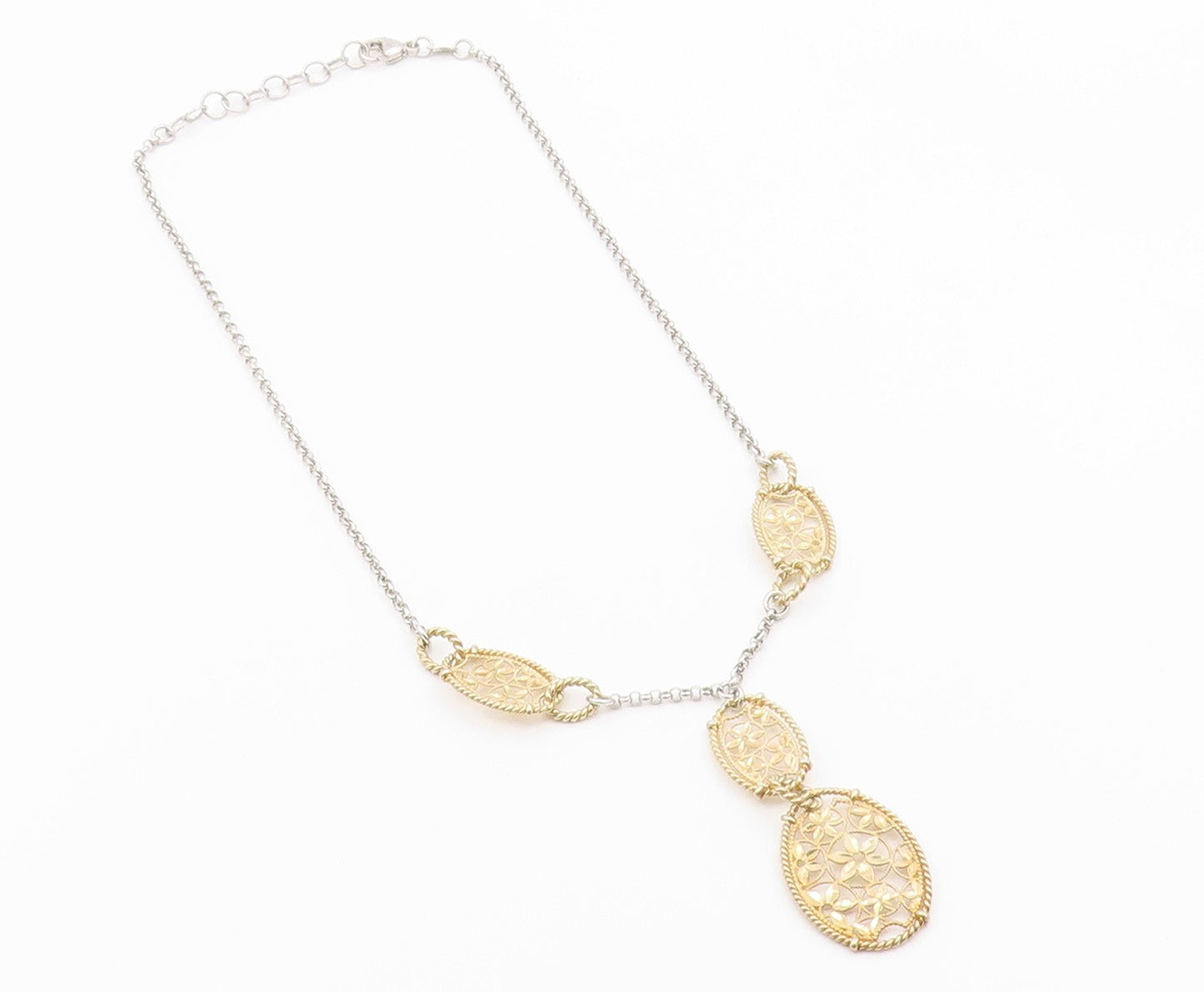 925 Sterling Silver Vintage Necklace Two Tone Floral Filigree Y Drop  NE4940