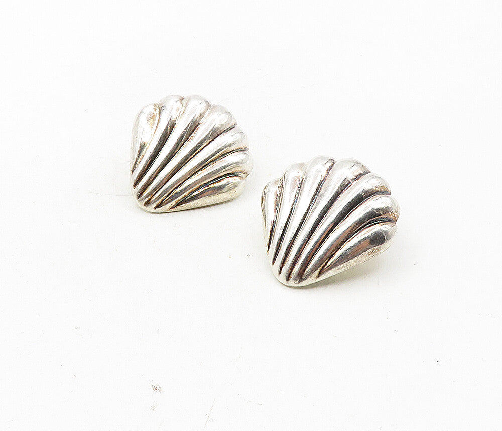 MEXICO 925 Sterling Silver  Vintage Shiny Scalloped Non Pierce Earrings EG4851