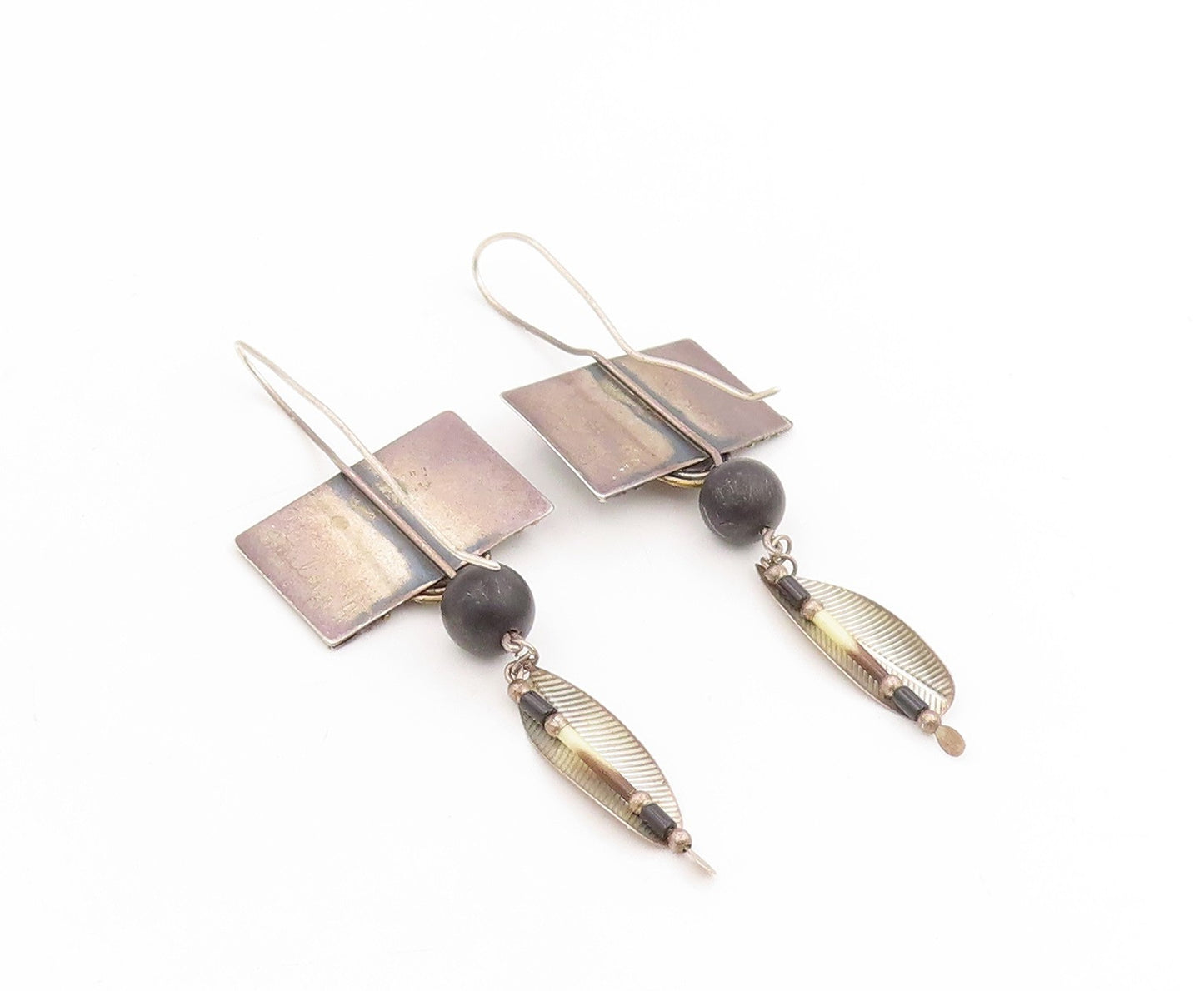 925 Sterling Silver Vintage Earrings Designer Spiral Feather Dangles  EG13785