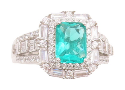 925 Sterling Silver Vintage Ring Rectangle Sea Green Halo White CZ Sz 7  RG29660