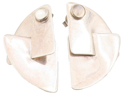 925 Sterling Silver Vintage Earrings GFMW Round Moonstone Abstract Stud  EG13892