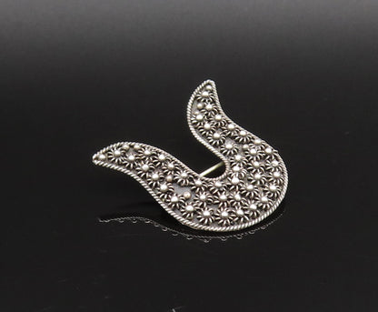 925 Silver  Vintage Twisted Rope Border Floral Beaded Curved Brooch Pin BP9825