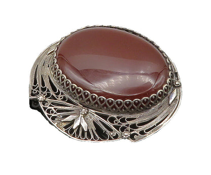 EUROPEAN 925 Sterling Silver  Vintage Carnelian Floral Brooch Pin  BP8680